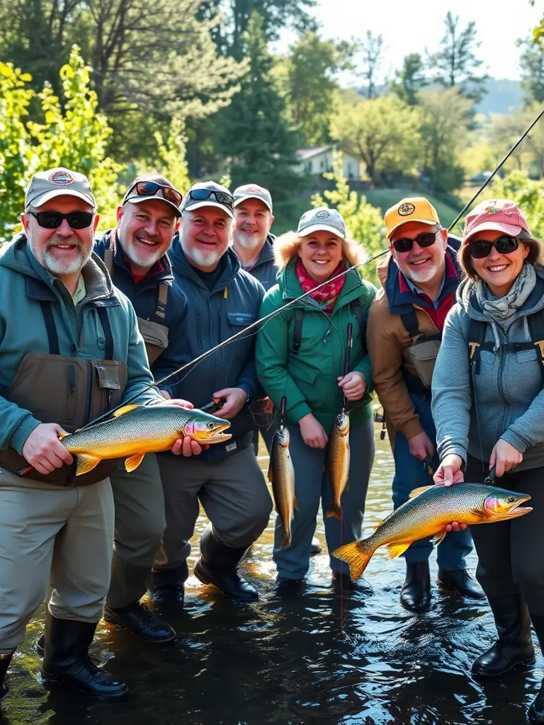 A group of responsible anglers, including adults and children, practicing sustainable fishing along a lush, healthy riverbank, with clear water and visible fish, representing responsible fishery management.
