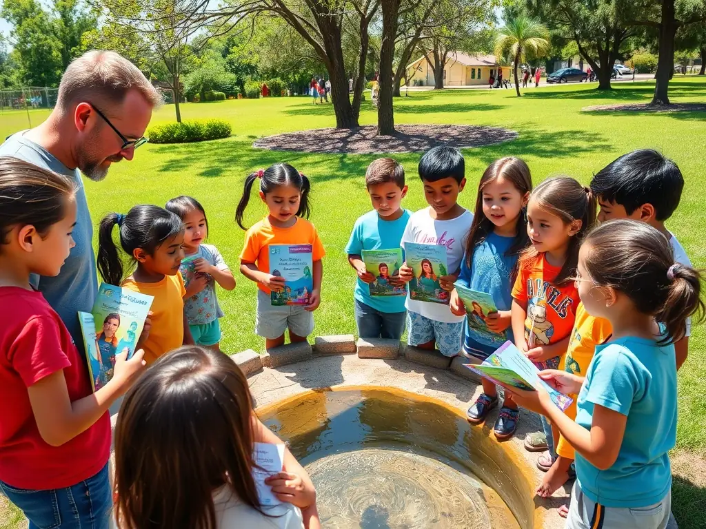A group of association members leading an outdoor workshop for children, with educational posters about water pollution and aquatic life, set beside a pond, showing active community environmental education.