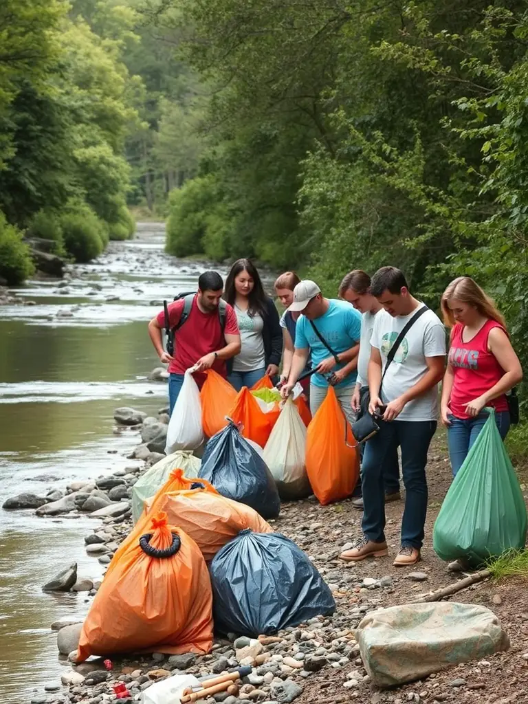 Volunteers wearing gloves and safety vests actively removing litter and debris from a riverbank, with clear water and thriving vegetation, illustrating aquatic environment protection.