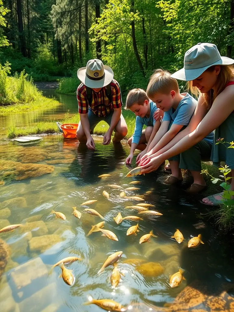 A group of children and adults participating in an outdoor educational workshop by a pond, learning about aquatic biodiversity with hands-on activities and illustrated guides.
