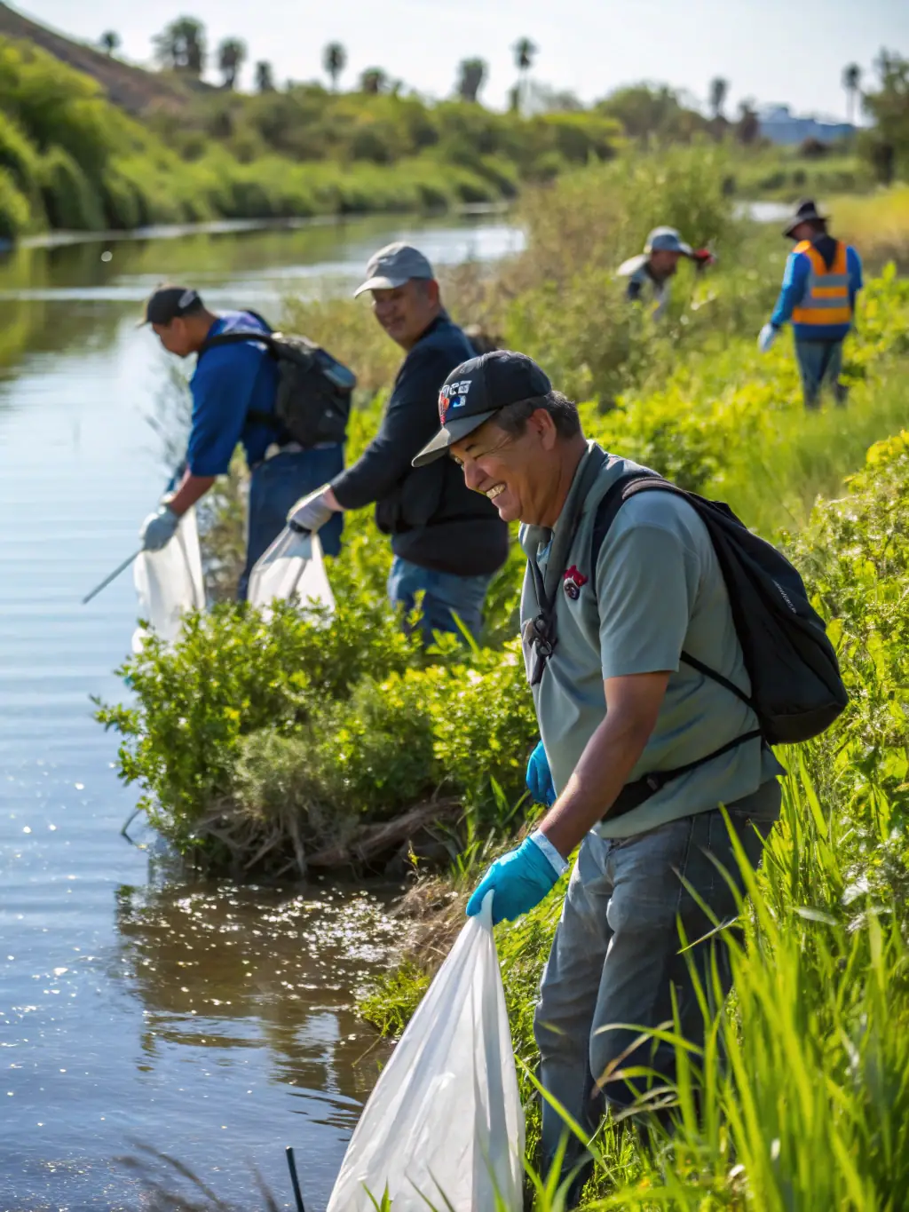 A uniformed environmental officer patrolling a fishing site, interacting with anglers, with educational posters about sustainable fishing visible in the background.