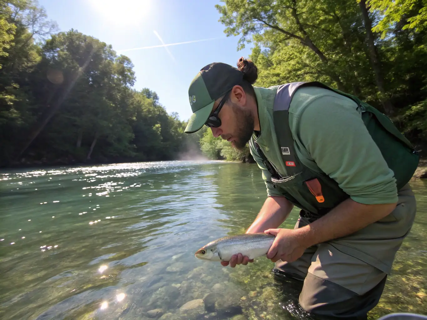 A fisheries biologist and local anglers releasing juvenile fish into a clear stream, with scientific equipment and educational signage visible, illustrating a sustainable fish stocking and monitoring initiative.