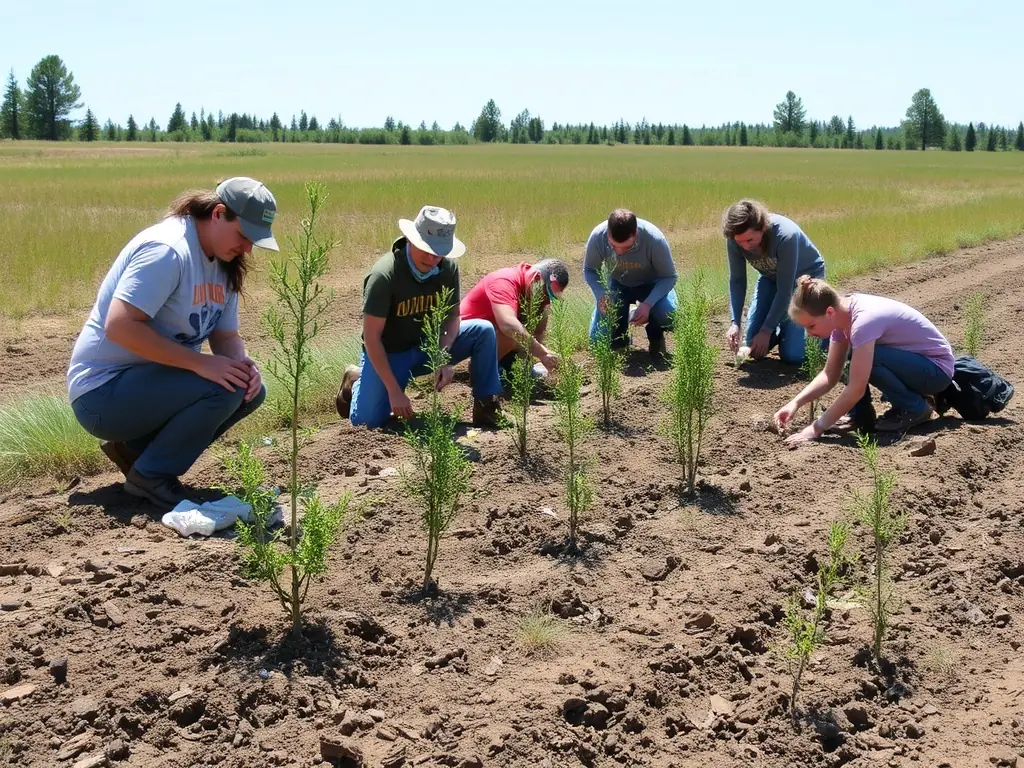 A group of volunteers, including children and adults, planting native vegetation along the banks of a river to restore natural habitats, with clear water and lush greenery in the background, representing a real-life community restoration project.